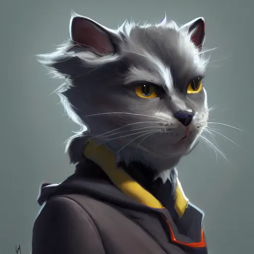 Prompt: painting an anthropomorphic gray cat wearing a jacket and a collar, as an Overwatch asymmetrical, Organic Painting, sunny day, Matte Painting, bold shapes, hard edges, street art, trending on artstation, by Huang Guangjian and Gil Elvgren and Sachin Teng