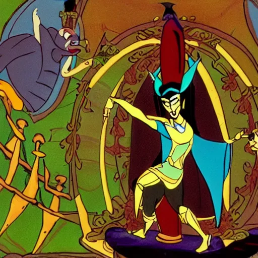 Image similar to Film still, animation frame of the trickster god Loki playing a trick on princess, from the Disney animated film, Valhalla (1996)