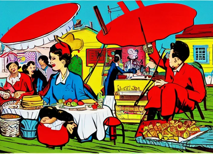 Prompt: a whimsical storybook illustration of crab sellers, 1 9 5 0 s americana tourism, lowbrow pop art style