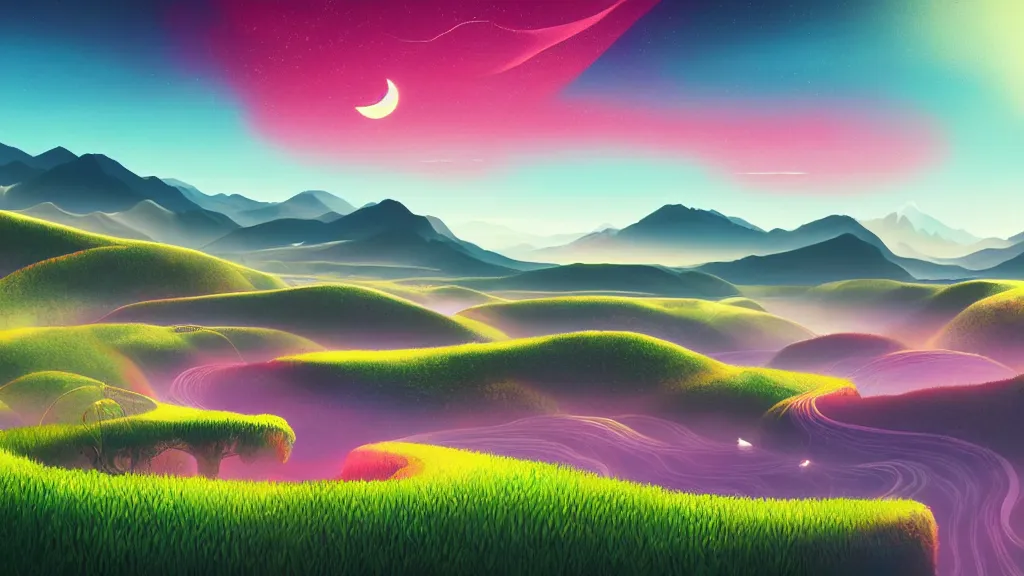 Image similar to digital painting of a lush sinuous river valley by. river. sunset. no mans sky. chiho aoshima. digital render. detailed. beautiful landscape.