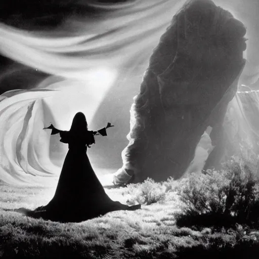 Image similar to 1 9 7 0's artistic western movie, a woman in a giant billowy wide flowing waving dress made out of white smoke, standing inside a dark western rocky scenic landscape, volumetric lighting