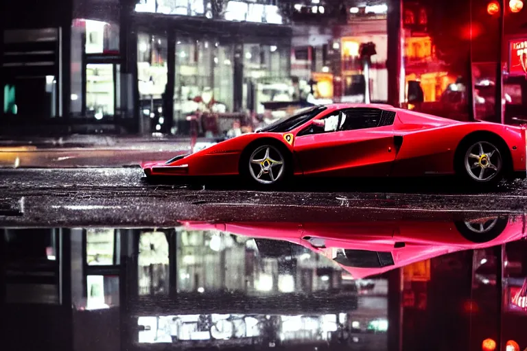 Prompt: a ferrari enzo parked on a rainy city street, reflected in a puddle, neon lights, night time, beautiful lighting