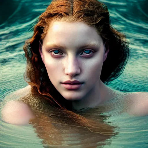 Image similar to photographic portrait of a stunningly beautiful siren renaissance female, in the water, in soft dreamy light at sunset, contemporary fashion shoot, by edward robert hughes, annie leibovitz and steve mccurry, david lazar, jimmy nelsson, extremely detailed, breathtaking, hyperrealistic, perfect face, octane render