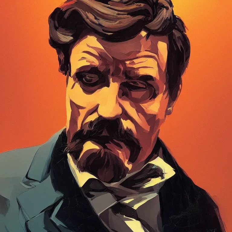Prompt: Stunning Portrait of Friedrich Nietzsche in his Suit, chiseled Jawline and serious Look, in the Style of Artgerm and Ross Draws and Mike Mignola and Atey Ghailan, neon rim light, hard shadows, colorful, plain background, trending on artstation