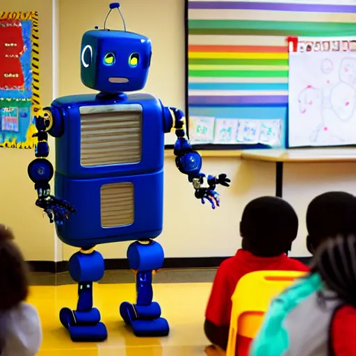 Image similar to a robot teaching kids in an elementary school, national geographic photography, 3 d