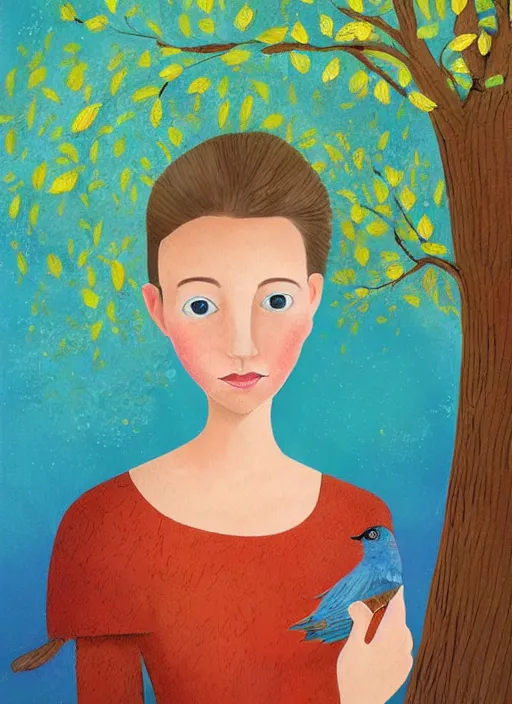 Prompt: a wonderful childrens illustration book portrait painting of a woman, art by tracie grimwood, colorful, trees, leaves, birds, whimsical, aesthetically pleasing and harmonious natural colors