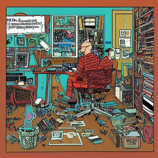 Prompt: goth nerd sitting at a computer in a cluttered room, by geof darrow, geof darrow art,