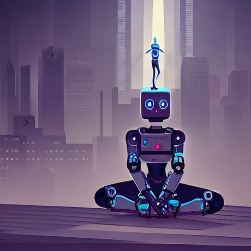 Prompt: a robot doing yoga in a future city, highly detailed, fantasy art