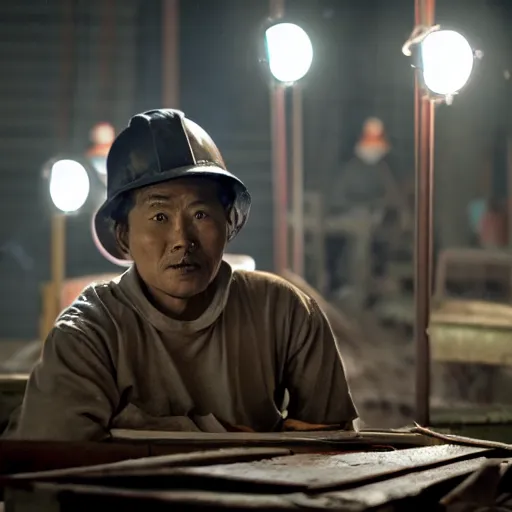 Image similar to a dramatic portrait of worker from asia, cinematic lighting