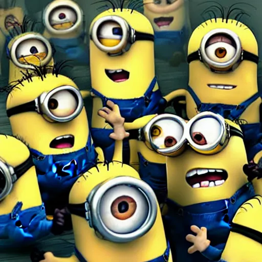 Image similar to Minions living in an insane asylum, creepy photo, minions screaming, nightmare, UHD, 8K