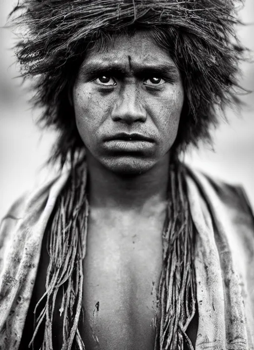 Image similar to Award winning Editorial photo of a Native Nauruans with incredible hair and beautiful hyper-detailed eyes wearing traditional garb by Lee Jeffries, 85mm ND 5, perfect lighting, gelatin silver process