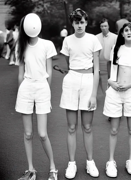Image similar to realistic photo portrait of the university students wearing white shorts, dressed in white spherical helmets, fashion catwalk 1 9 9 0, life magazine reportage photo