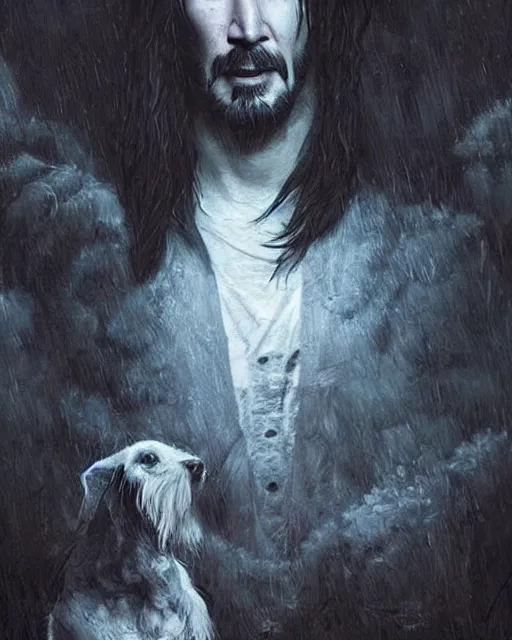 Image similar to keanu reeves as a ghost with his dog, hyper realistic face, beautiful eyes, fantasy art, in the style of greg rutkowski, intricate, hyper detailed, smooth