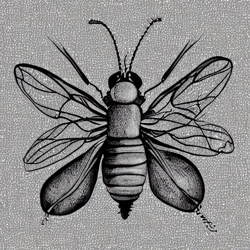 Image similar to common fly, black and white, botanical illustration, black ink on white paper, bold lines