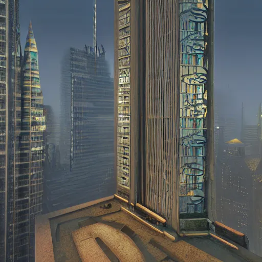 Prompt: landscape bird skyscrapers hyper realism art nouveau cryengine render by john stephens, thomas kinkade, syd mead