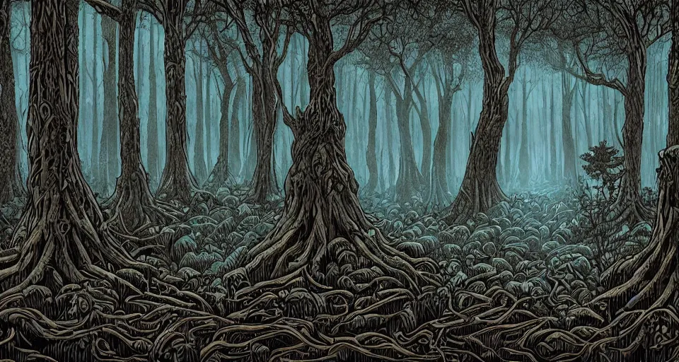 Image similar to A dense and dark enchanted forest with a swamp, by dan Mumford