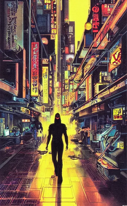 Image similar to 1979 OMNI Magazine Cover of an android raven in street level neo-Tokyo in cyberpunk 2020 style by Vincent Di Fate