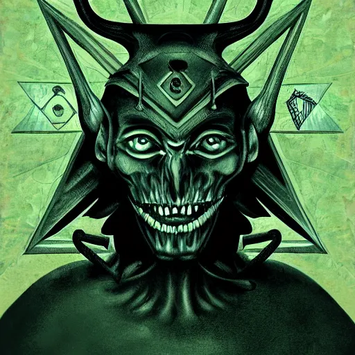 Image similar to portre of a demon, masonic and kabalistic symbols in background, digital art, ultra detailed