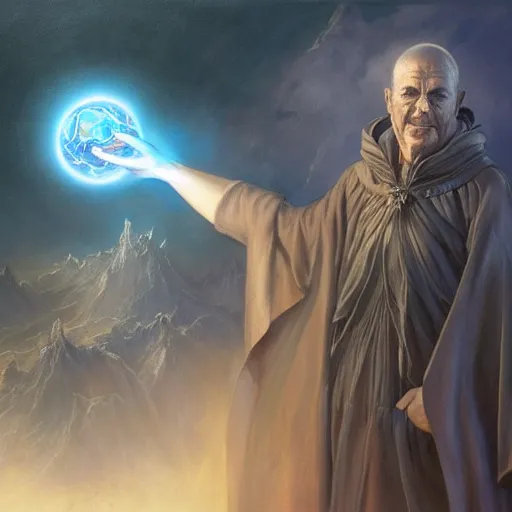 Image similar to the creator of worlds wearing a cloak and holding a holographic planet projection in his hand, detailed, sci - fi, digital painting, artstation, sharp focus, illustration, ominous, artgerm, tomasz alen kopera, peter mohrbacher, donato giancola, joseph christian leyendecker, wlop, frank frazetta