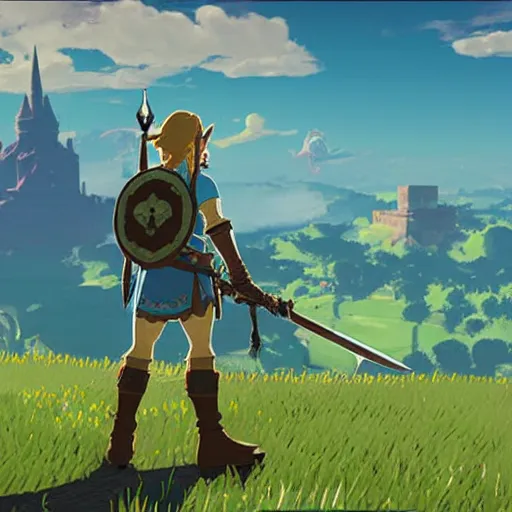 Prompt: Breath of the Wild videogame character Link stands in front of the castle, wielding the master sword, 4k render