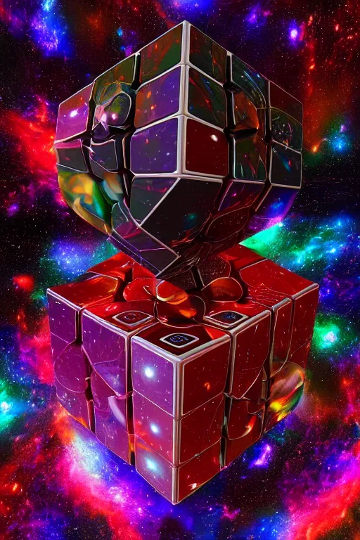 Prompt: cosmic parallel universe rubik's cube tesseract with wormholes, energy and galaxies around it. epic, dramatic, cinematic, digital art, octane render, blender, 8 k, hyperrealistic, trending on artstation