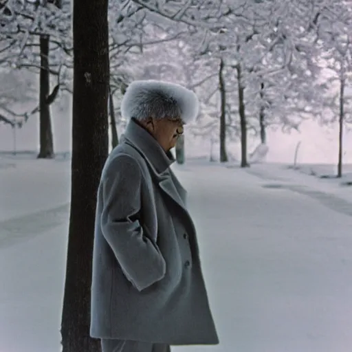 Image similar to filmstill of Kim Jong-il wearing a furry chapka and playing the role of Omar Sharif in Doctor Zhivago by David Lean, man in grey winter coat, cold Russian winter, snow and trees, Prussian architecture, old Russian interior, Doctor Zhivago movie shot, minimal composition, 1965, cinemascope, Eastman Color Negative 50T 5251 Neg. Film, epic romance