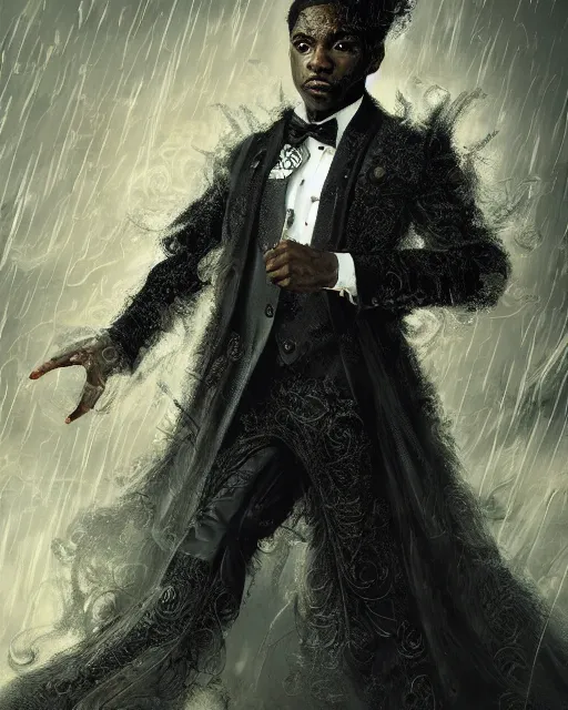 Prompt: a highly detailed portrait of black male magician radiating a powerful energy aura, ornate back tuxedo, wispy tendrils of smoke, intricate, digital painting, old english, raining, sepia, particles floating, whimsical background by marc simonetti, artwork by liam wong