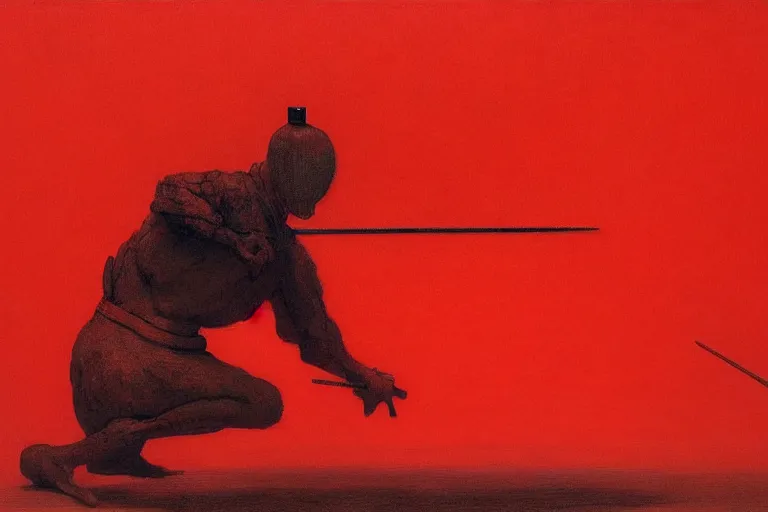 Image similar to only with red, a red samurai do seppuku, tokio, a lot of frogs watch, in the style of beksinski, parts by edward hopper, parts by rodcenko, parts by yue minjun, intricate and epic composition, red by caravaggio, insanely quality, highly detailed, masterpiece, red light, artstation, 4 k