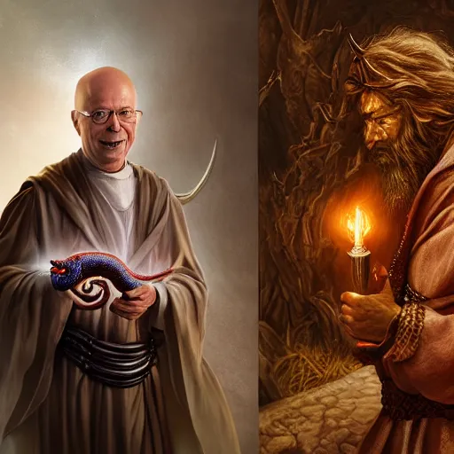 Image similar to a detailed fantasy character painting of Klaus Schwab holding a black glowing snake, devil horns, dressed like Jesus Christ, by lauri blank, artgerm, evelyn de morgan, 8K, 50mm lens