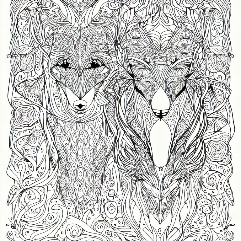 Prompt: fox ornaments fractal ink drawing line art colouring page, vector, margins, fine lines, centered