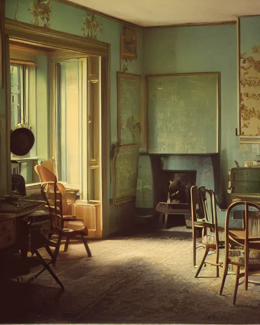 Prompt: the interior of a house in devonshire, painterly, offset printing technique, photographed on kodachrome by brom, robert henri, walter popp, cinematic lighting, various refining methods, micro macro autofocus, ultra definition, award winning photo