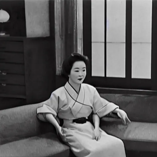 Prompt: The 1960s actress Choi Eun-Hee in a hanbok sitting on a couch, the room is dimly-lit and a starfish\'s arm reaches through the window, minimal cinematography by Akira Kurosawa, movie filmstill, 1950s film noir, thriller by Kim Jong-il and Shin Sang-ok, abstract occult epic composition