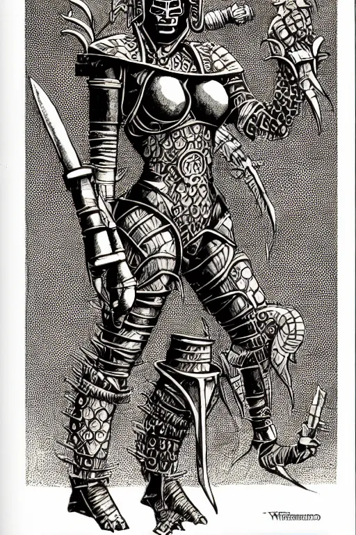 Image similar to warforged beyonce, as a d & d monster, full body, pen - and - ink illustration, etching, by russ nicholson, david a trampier, larry elmore, 1 9 8 1, hq scan, intricate details, inside stylized border