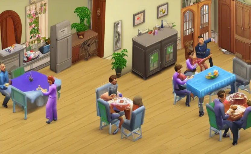 Image similar to little ai copies of a families playing out the motions of a dinner, the sims 1 graphics