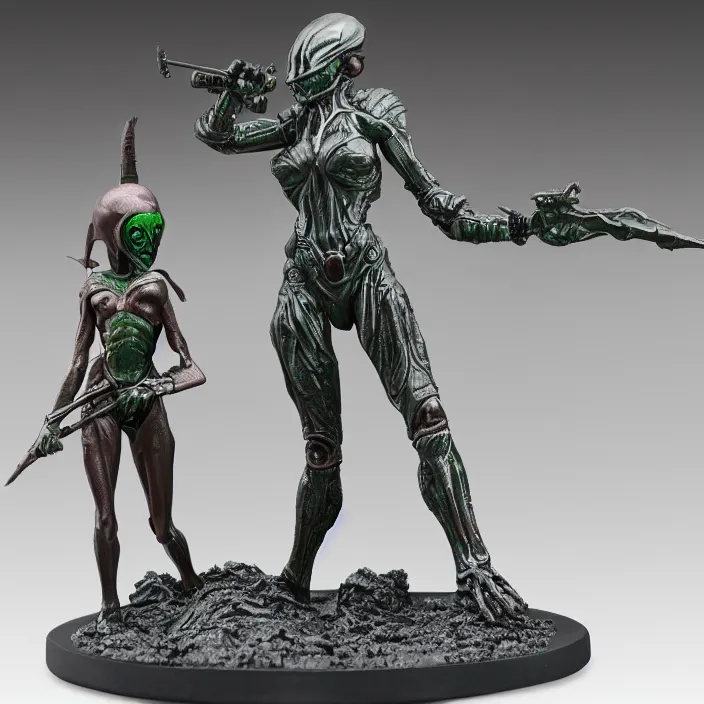 Image similar to 80mm resin detailed miniature of a Alien and a Female warrior, Product Introduction Photos, 4K, Front view, Full body