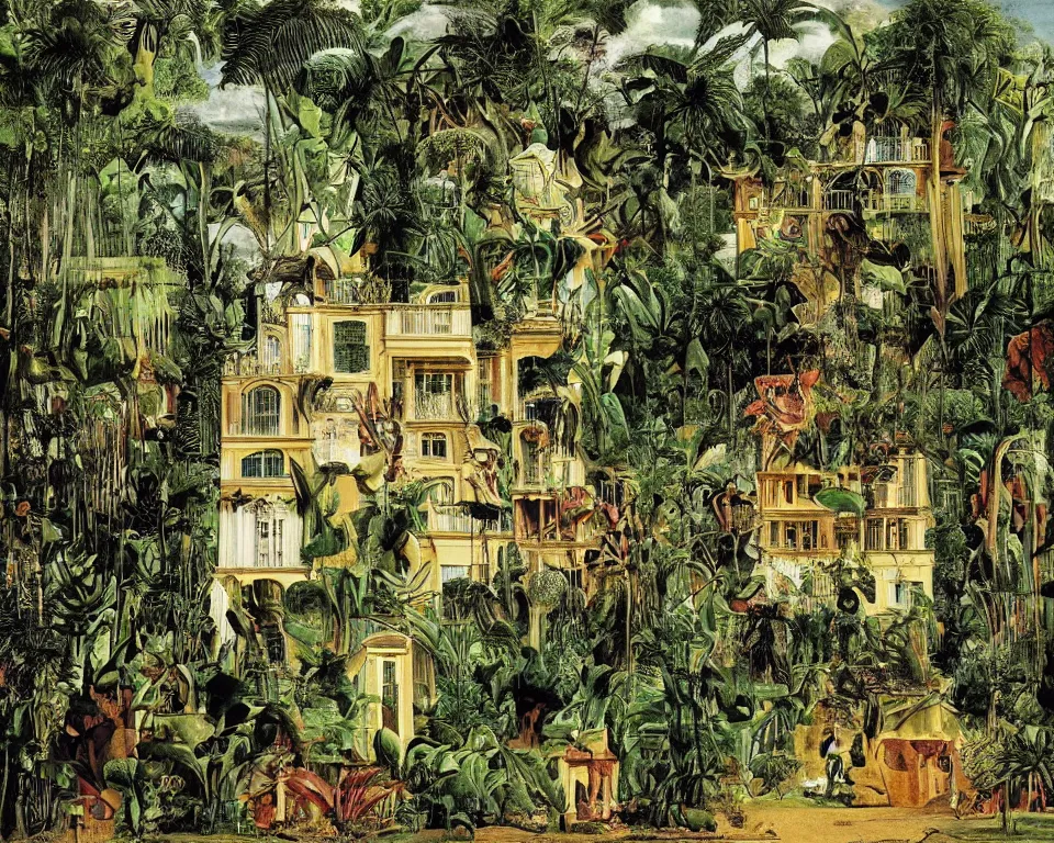 Prompt: repeating colonial mansions, overgrown with tropical foligage, by Salvador Dali and Jan Siberechts.