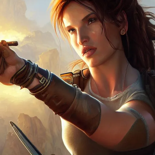 Image similar to ultra realistic illustration, bella thorne as lara croft, intricate, elegant, highly detailed, digital painting, artstation, concept art, smooth, sharp focus, illustration, art by artgerm and greg rutkowski and alphonse mucha