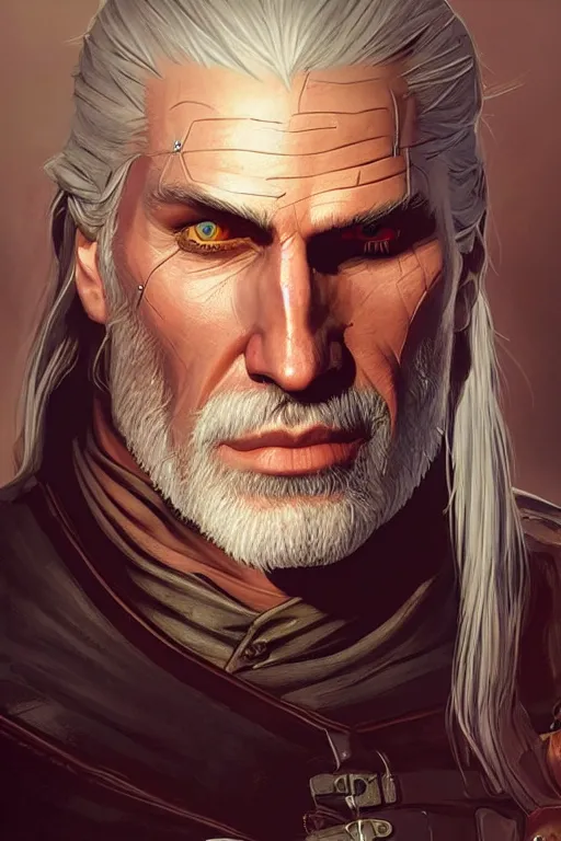 Image similar to geralt, accurate anatomy, only two hands, highly detailed, digital painting, artstation, concept art, smooth, sharp focus, illustration, Unreal Engine 5, 8K, art by artgerm and greg rutkowski and Alphonse Mucha