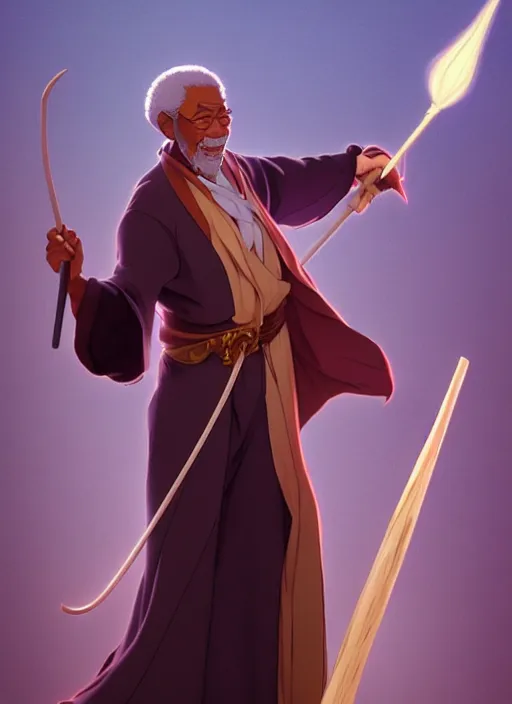 Image similar to elegant fantasy wizard based on morgan freeman holding a broom natural lighting, path traced, highly detailed, high quality, digital painting, by don bluth and ross tran and studio ghibli and alphonse mucha, artgerm