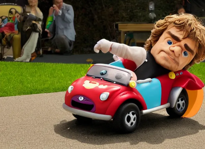 Image similar to peter dinklage tikes cozy coupe, movie still, from the new the wrestler movie, 8 k, realistic