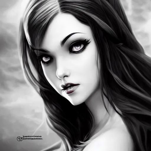 Image similar to princess of darkness, style of artgerm comic, red, piercing eyes, long glowing black and white hair, waterhouse, character art, headshot, matte