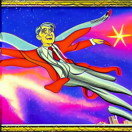 Image similar to robert mueller flying through the sky, art deco painting by lisa frank