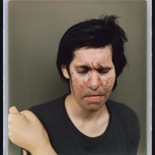 Image similar to a professional polaroid portrait photo of a man with an asymmetrical face with his eyes closed. the man has black hair, light freckled skin and a look of panic on his face. british street photo. extremely high fidelity. key light.