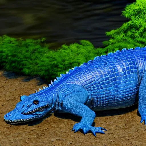 Prompt: photorealistic blue furry alligator on the river side, national georgafic still, animal planer still, 8 k