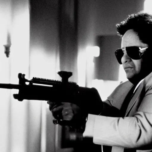 Prompt: Danny DeVito in Scarface holding M16, cinematic, sharp focus, movie still, atmospheric, Action scene, 8k,