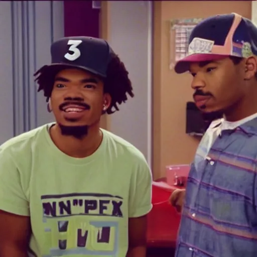 Prompt: a tv still of Chance The Rapper starring as a college student in a 1990 tv sitcom, 40mm lens