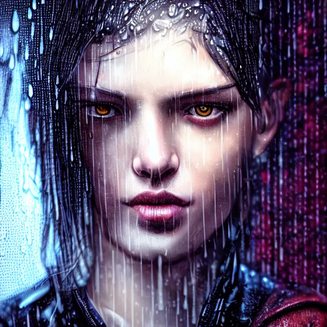 Prompt: bright portrait backlit rain on face and wet hair, cyberpunk, overhead lighting, fantasy, intricate, elegant, dramatic lighting, highly detailed, lifelike, photorealistic, digital painting, artstation, illustration, concept art, smooth, sharp focus, art by John Collier and Albert Aublet and Krenz Cushart and Artem Demura and Alphonse Mucha