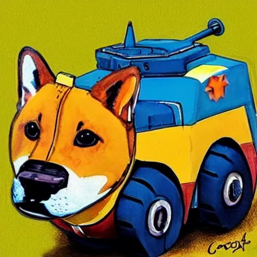 Image similar to a corgi in a war mech, cute, vivid colors, photorealism, happy