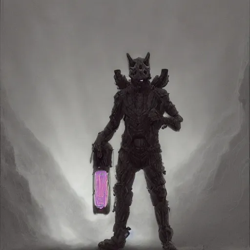 Image similar to stalker exoskeleton armor, anthropomorphic shiba inu, holding glowing stalker artefact, stuning 3 d render, masterpiece, glowing black aura, foggy dark graveyard, by donato giancola and greg rutkowski and wayne barlow and zdzisław beksinski, realistic face