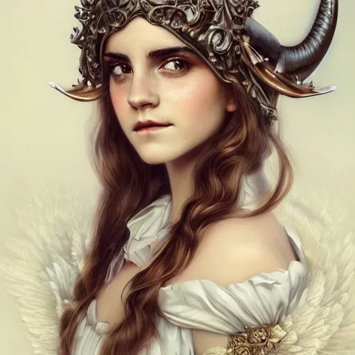 Image similar to A masterpiece ultrarealistic ultradetailed portrait of a Incredibly beautiful Emma Watson as angel princess with Royal Tevton Knight Skull Full Iron Closed Helmet with Big Iron Bull Horns . baroque renaissance girl in the night forest. medium shot, intricate, elegant, highly detailed. trending on artstation, digital art, by Stanley Artgerm Lau, WLOP, Rossdraws, James Jean, Andrei Riabovitchev, Marc Simonetti, Yoshitaka Amano. background by James Jean and Gustav Klimt, light by Julie Bell, 4k, porcelain skin.